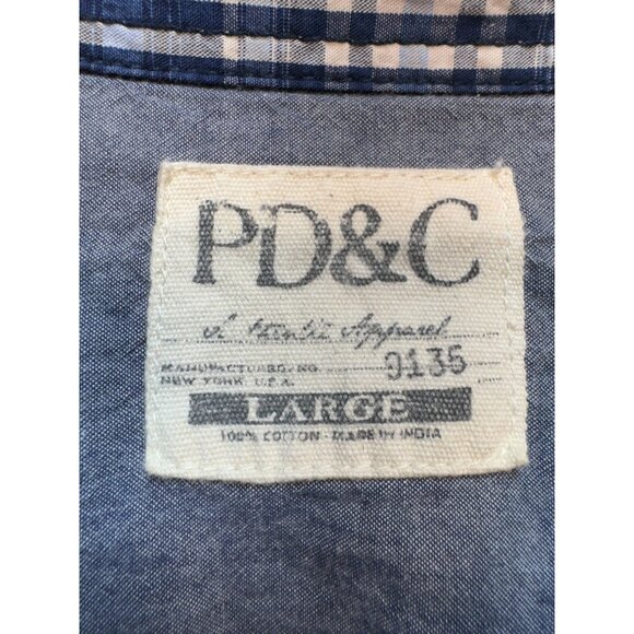 PD&C Men's Button Up Cotton Shirt Size L Blue White Plaid Long Sleeve Pockets - Picture 3 of 11